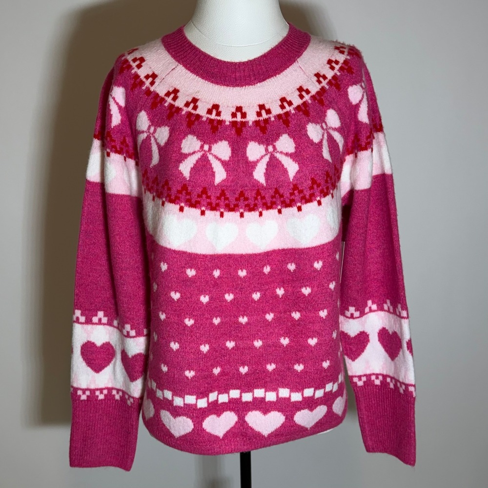 CeCe Pink & White Fair Isle Bow and Heart Crewneck Sweater
